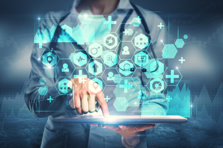 Female doctor using a tablet with a medical interface, double exposure
