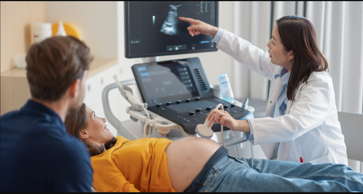 Obstetrician performing an ultrasound on a pregnant woman while her partner holds her hand