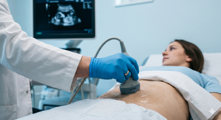 4D ultrasound image of a baby's face displayed on a monitor screen