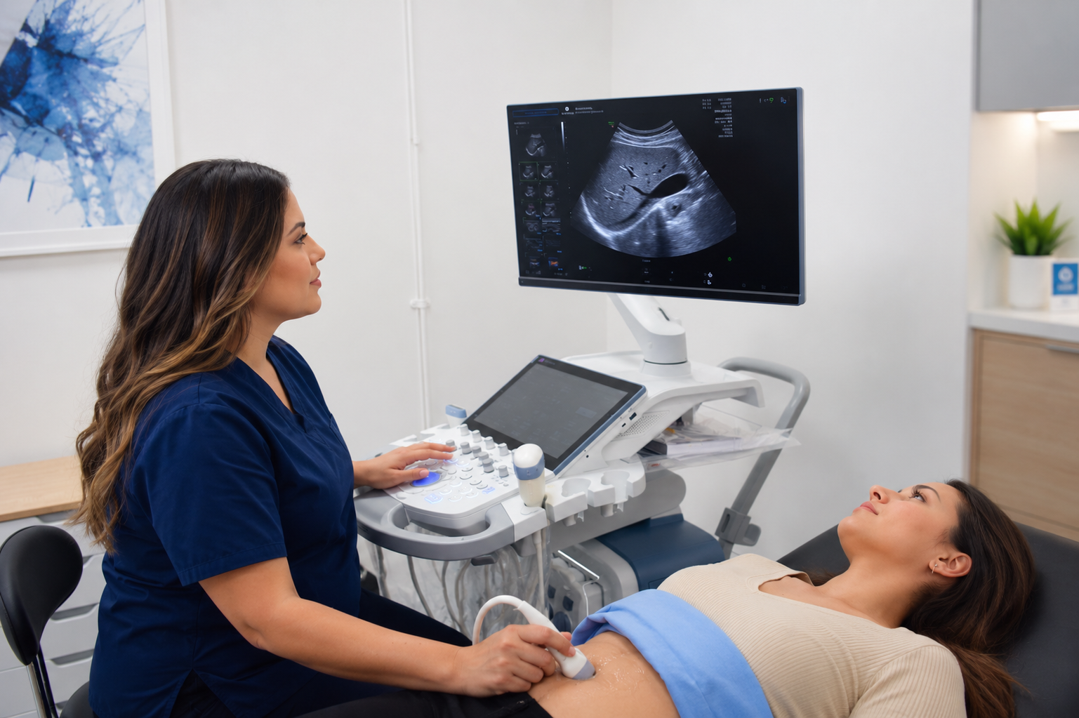 Illustrative banner showing ultrasound scanning and blood testing services